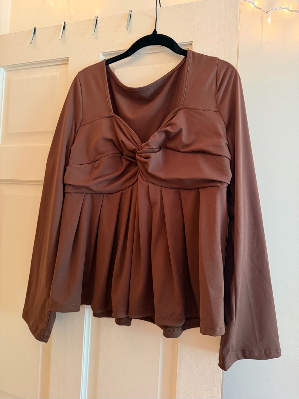 SHEIN Brown Long Sleeve Twist-Front Peplum Top